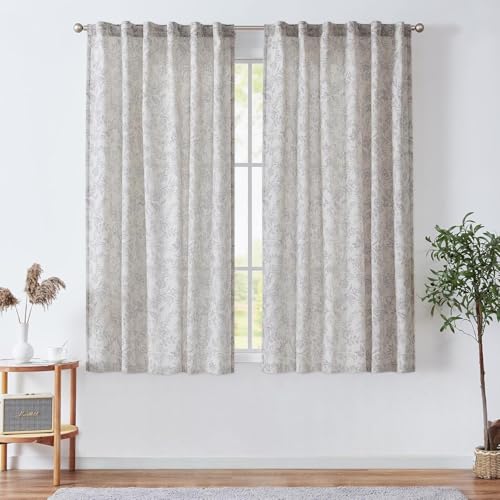 TOPICK Curtains Living Room - Tende in lino con motivo floreale, per camera da letto, casa di campagna, 2 pezzi, colore grigio su beige, 140 x 175 cm