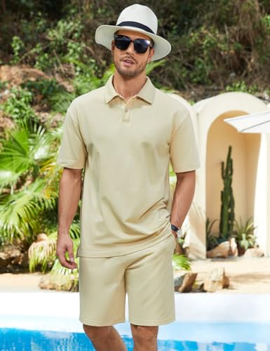 COZYPOIN Mens Short Sets 2 Piece Outfits Pique Cotton Polo Shirt and Shorts Set Summer Casual Beach Vacation Tracksuits3