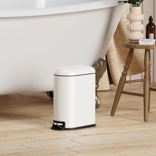 CEROELDA-Small-Bathroom-Trash-Can-with-Lid-Soft-Close-5L13-Gallon-Stainless-Steel-Slim-Garbage-Can-Metal-Waste-Basket-with-Step-Pedal-for-Office-Bedroom-Toilet-Dorm-Room-White-13-Gallon