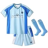 Volunboy Jungen Sportset 3-8 Jahre: Schnelltrocknend Fußball Trainingsanzug mit Shorts, T-Shirt & Socken(Größe 110,3-4 Jahre,Blau)