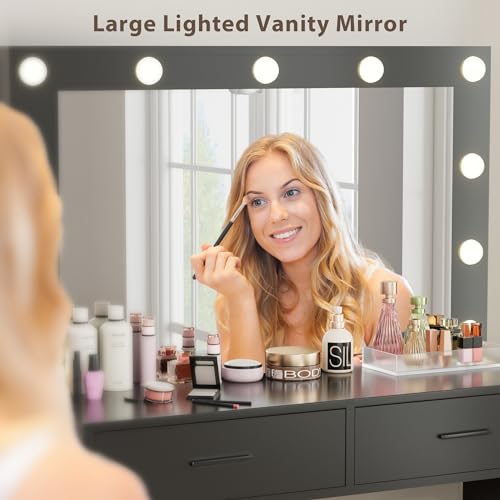 Image of Furmax Vanity Desk Set with Large Lighted Mirror, 35.4 Inch Makeup Vanity Table with 2 Drawers, Cushioned Storage Stool, 3 Lighting Modes Brightness Adjustable, Dressing Table for Bedroom (Black)