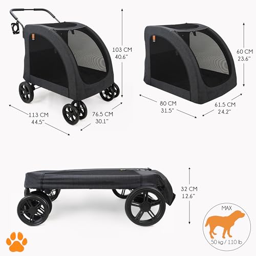 MY DUQUE – Chester Hundebuggy – Haustierwagen für große Hunde, Katzenbuggy, geräumiger und komfortabler Trolley, faltbar, inkl. Regenschutz und Flaschenhalter, max. Belastung 50 kg
