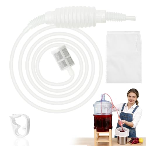 XIANGLONGY Siphon à Vin 2 m avec Pompe Manuelle et Sac Filtrant 20×30 cm, Tuyau de Transfert avec Valve d’Arrêt, Kit de Soutirage et Filtration pour Vin,...