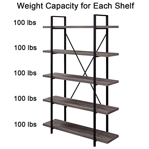 image for HSH 5-Shelf Vintage Industrial Rustic Bookshelf, 5 Tier Wood and Metal