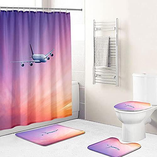 ZDDWLDL 4-Teilig Duschvorhang Set Mit Rutschfesten Teppichen Toilettendeckel Und Badematte Wasserdicht Farbfest Schimmel… – Bild 3