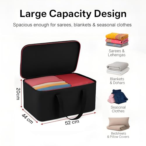 Image of DALUCI 2 Pack Underbed Storage Bags for Clothes, Blankets & Sarees, Large Moisture Proof Storage Organizer with Zip, Non Woven Wardrobe Storage Bags - Black (52 x 44 x 20 cm)