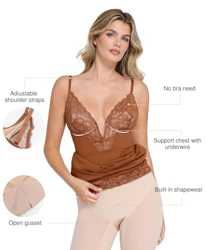 Image of Popilush Brown Corset Lace Shapewear Dress Deep V Bodycon Midi Dresses for Women Satin Drape Slip Club Party Night Out