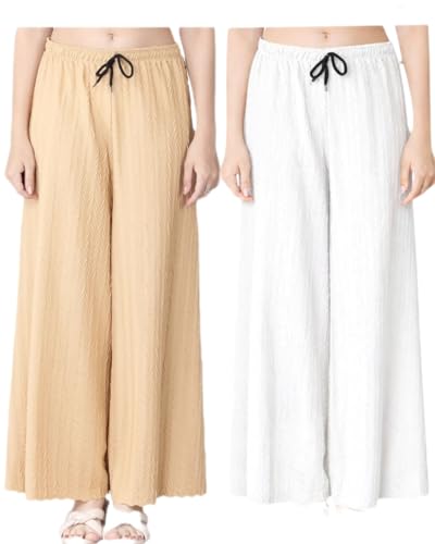 Image of Pack of 2 Women Palazzo Pants | Wide Leg Loose Fit | Combo Pack | Free Size M-3XL | Stretchable Waist | Casual Wear, Office Wear, Home Wear Palazzo