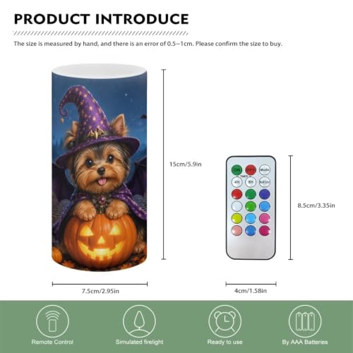 Image of Poceacles LED Flameless Candles Battery Operated Candles with Remote Control Timer Flickering Wick Pillar Tealight for Home Outdoor Halloween Decor, Wizard Hat Yorkie Dog Pumpkin Print
