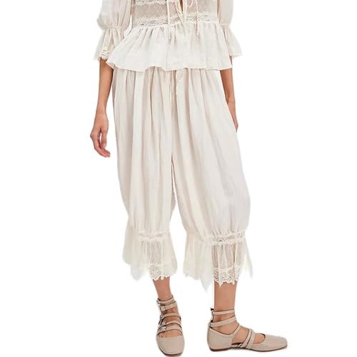 Image of KOSUSANILL Women Long Bloomer Pants Lace Trim Ruffle Pantaloons Cropped Lounge Pajama Bottoms Y2K Capri Pettipants