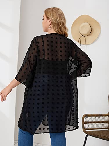 Romwe Women's Plus Size Floral Print Sheer Chiffon Loose Kimono Cardigan Capes Black Swiss Dots 3Xl #TOP1