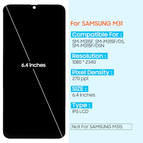 Screen Replacement for Samsung Galaxy M31 LCD Display M315 Touch Screen Digitizer SM-M315F,SM-M315F/DS,SM-M315F/DSN Assembly with Repair Kits(Black,6.4 inch)