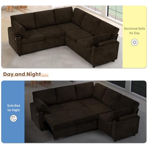 Image of 85 inch Chenille Sectional Sofa w /Pull Out Bed & Storage Space, Orange | Upholstery L Shaped Couch w /Cup Holders, Modern Corner Sofa w /USB Charging Port & Throw Pillow for Living Room
