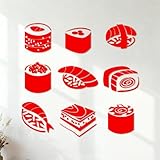 Pegatinas de tallado fino Sushi Arroz Pescado Palillos Comida Rollo Cafetería Japón 36x37.1cm No se cae Rojo