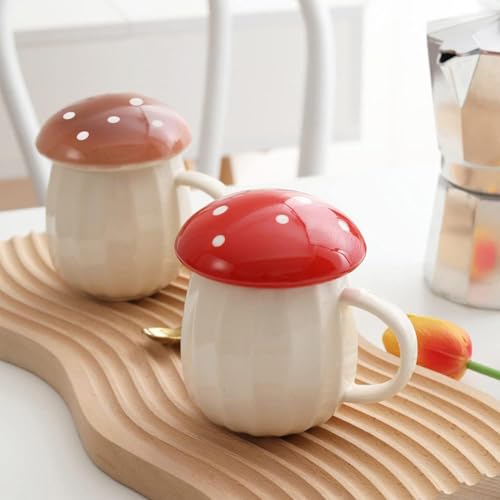 Yalucky Kawaii Cute Mushroom Mug Tea Cup Set Mushroom Stuff for Milk Coffee Tea Cup Mug with Lid Gifts for Girl Women Birthday Christmas Home Decor (Red)