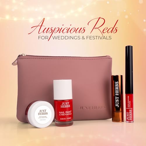 Image of Just Herbs Festive Glam Makeup Essential Makeup Pouch for Women (Lip & Cheek Tint, Ultra Matte Lipstick, Nail Paint, Eyeliner)