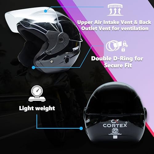 Image of Cortex TRIGER Half Face Helmet Glossy Finish with Scratch Resistant Polycarbonate Visor, Hard ABS Shell Helmet for Men and Women | Clear Visor, Lightweight