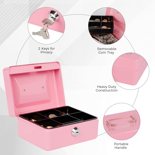 Image of Small Cash Box with Money Tray and Lock, Metal Cash Lock Box with Key, Petty Cash Box for Money 5.9 x 4.7 x 3.1 Inches Pink