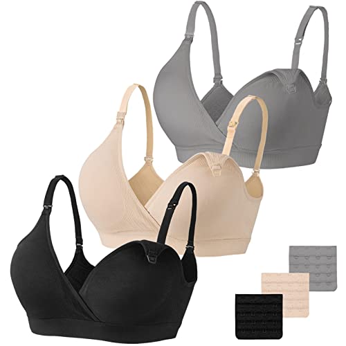 Vinfact Nursing Bra 3 Pack Seamless V Neck Maternity Bra Women Pregnancy Breastfeeding Bra（A-Black,Nude,Grey，M）