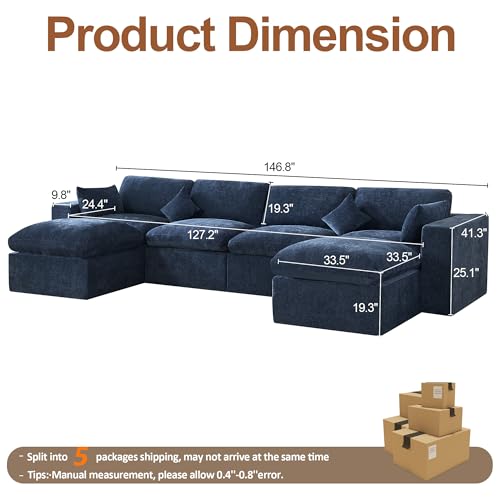 Image of 146''Cloud Boneless Sectional Couch, Modular Sectional Sofa Deep Seat with 2 Ottomans, Oversized Upholstered Convertible Comfy 6 Seater Chenille Sofa U Shape Couches for Living Room, Navy