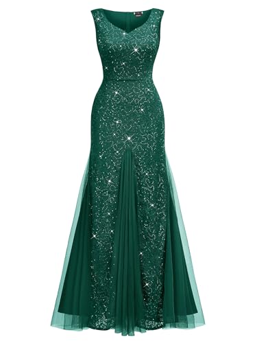 Image of Miusol Women's Elegant V Neck Sleeveless Sequin Lace Evening Party Dress