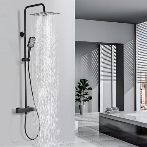 DETBOM Shower Column with Black Thermostatic Mixer, Shower Set with Rain Shower Head 25 cm, 3-Function Shower Head with Silicone, Adjustable Stainless Steel Shower Rod, 96-120 cm