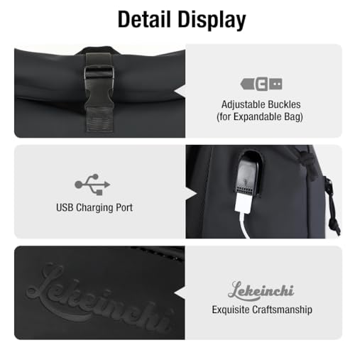 Lekeinchi Rolltop Rucksack Wasserdicht für Damen & Herren, Großer Laptop Rucksack mit Computerfach für 17 Zoll Laptop, Elegant Reiserucksack Daypack für Reisen, Radfahren, Uni Schule-Schwarz Groß(XL)