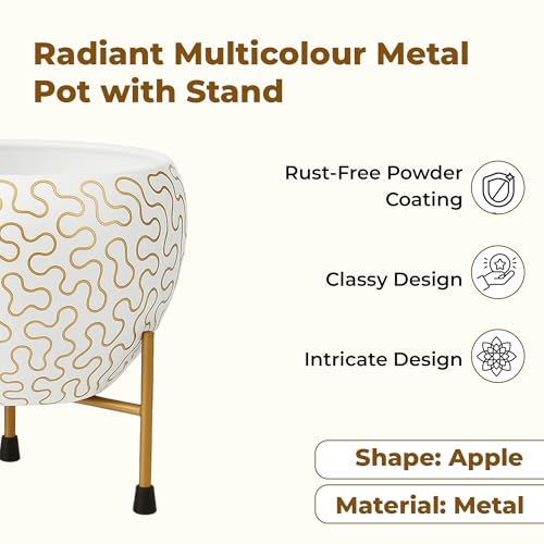 Image of Natural Earth Metal Flower Vase Planter Pot with Iron Stand | Decorative Plant Cachepot for Indoor & Outdoor Use | Succulent Pot for Home & Garden Decor (White Golden Wave)