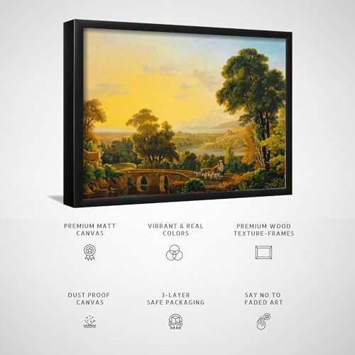 Image of ARTCREST Hilly Landscape with River and Bridge Painting on Canvas | Large Black Framed Scenic Wall Art for Living Room, Hallway Walls & Reception Areas | Elegant Landscape Canvas Decor (20x28 Inches)