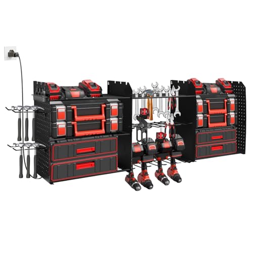 Power Tool Organizer Wall Mount with Charging Station, Heavy Duty Metal Tool Storage Rack with 8 Cordless Drill Holder,Battery Utility Rack Loads with 7 Tool Racks for Workshop Shed Pegboard Basement