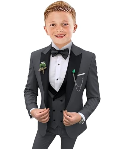 Boys Suits Slim Fit Gery Tuxedo 3 Piece Kids Blazer Jacket Pants Formal Size 8 Fashion Ring Bearer Outfit for Wedding