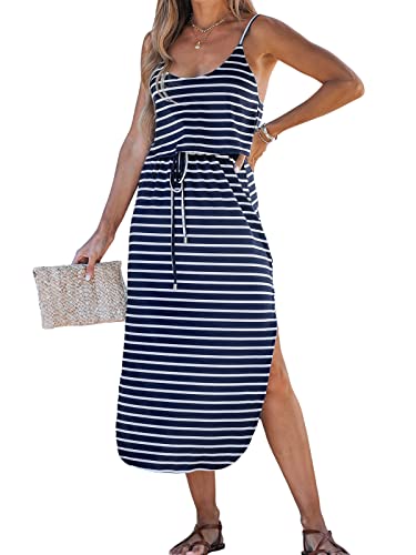 CUPSHE Women's Striped Drawstring Waist Maxi Dress Sleeveless Long Dresses Casual Summer, X-Large Black