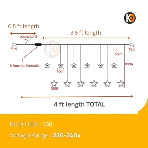 Image of K D 6+6 Star Curtain LED String Lights, 138 LEDs Yellow (3.5 ft Length + 0.5 FT Length After Adapter = 4ft) with 8 Modes Indoor Outdoor for Home, Diwali, Christmas (Big String Star 6+6 Yellow)