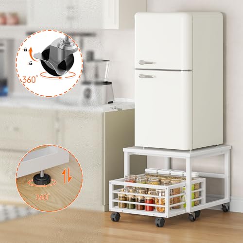 Image of HOOBRO Mini Fridge Stand with Movable Storage Basket, Wheels and Adjustable Feet, Sturdy Metal Frame, for Home, Apartment, Office, White
