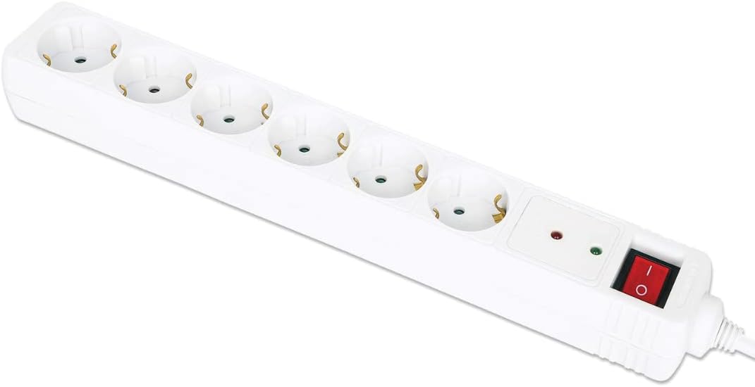 Manhattan Power Distribution Unit EU (2-Pin), X6 Gang/Output with, W128291595 ((2-Pin), X6 Gang/Output with On/Off Switch (Neon) and Surge Protection, 2M Cable, 16A, White, Extension)
