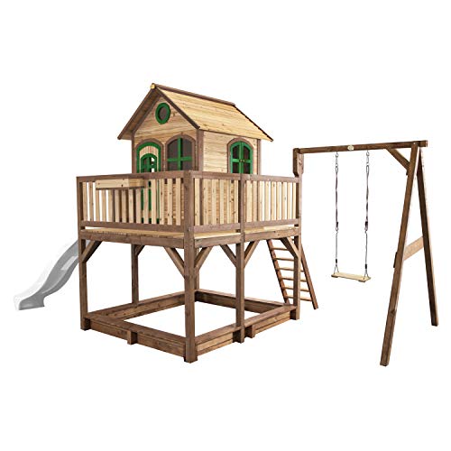 AXI Spielhaus Liam mit Sandkasten, Schaukel & weißer Rutsche | Stelzenhaus XXL in Braun & Grün aus FSC Holz für Kinder | Spielturm mit Wellenrutsche für den Garten