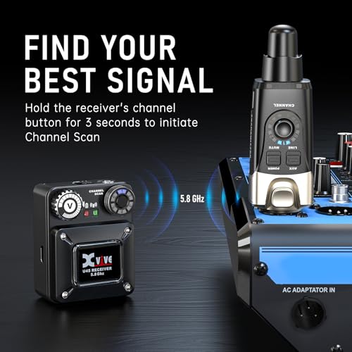 Image of Xvive U45 Wireless in Ear Monitor System 5.8ghz IEM System Transmitter and bodypack Receiver for Studio, Band Rehearsal, Live Performance, Channel Scan Mode, Black