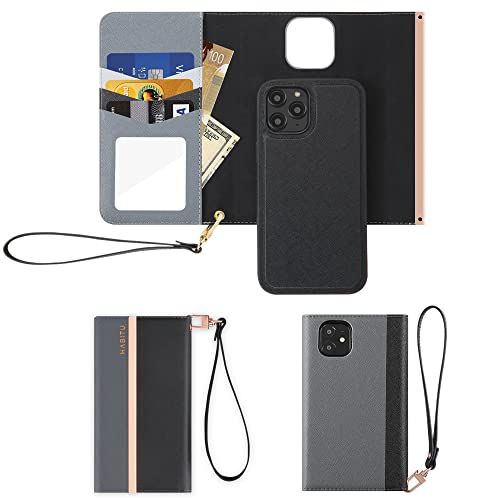 HABITU [Folio Collection 2022] Eris Tri-Fold Black Wallet Case for iPhone 12 Pro Max, Detachable Vegan Leather Magnetic Folio with Card Pockets, Mirror & Strap for Women, for Women