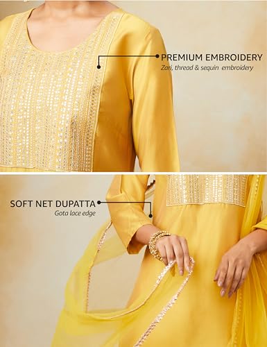 Image of Amazon Brand - Myx Women's Embroidered Kurta Pant Set with Mesh Dupatta (Available in Plus Sizes)