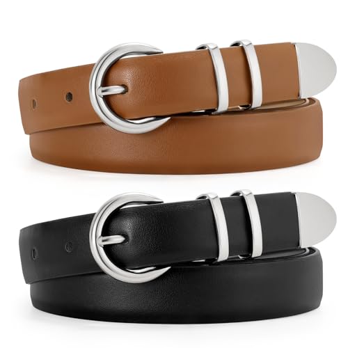 JASGOOD 2 Pack Women's Leather Belts with Gold Buckle Fashion Leather Waist Belt Elegant Ladies Belts for Jeans Dress