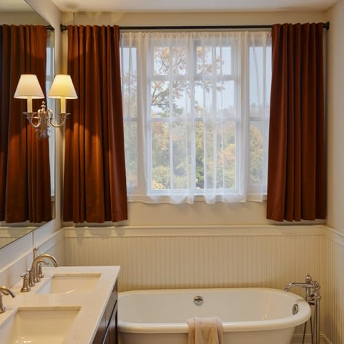Image of Burnt Orange Velvet Curtains Warm Rod Pocket 52x63 Inch 2 Panels | Soft Velvet, Light Filtering, For Small Windows, Kitchens & Bathrooms, Light Shifting Texture, Elegant Drape, Luxury