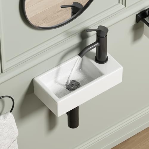 Small Wall Mount Vessel Sink, QISHKA 14.4' x 7' Ceramic Rectangle Wall Hung Bathroom Sink White Mini Wash Basin, Save Space for Narrow Bathroom (Right Hand)