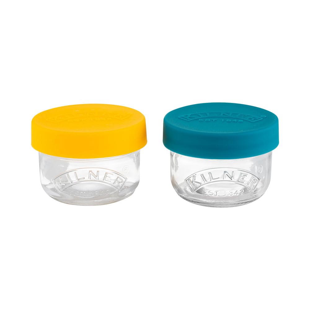 Kilner Snack and Store Pots Set of 2 Glass Jars with Leak-Proof Silicone Lids 0.125 Litre Each Perfect for Seeds, Nuts, Fruit, Veggies and Snacks