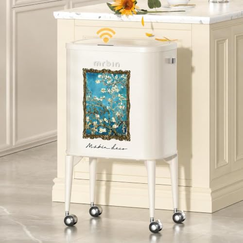 Image of MRBIN Metal Motion Sensor Kitchen Trash Can with Wheel Legs, Slim Waste Basket with Lid 36L / 9.5gal, Narrow Garbage Pail for Vanity, Bedroom, Bathroom, Living Room, Almond Blossom
