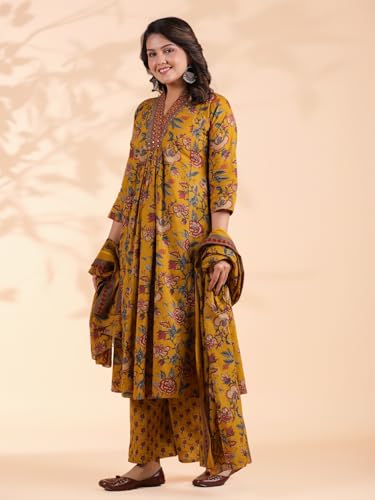 Image of Vbuyz Women Floral Print With Mirror Work Cotton Kurta Palazzo With Dupatta