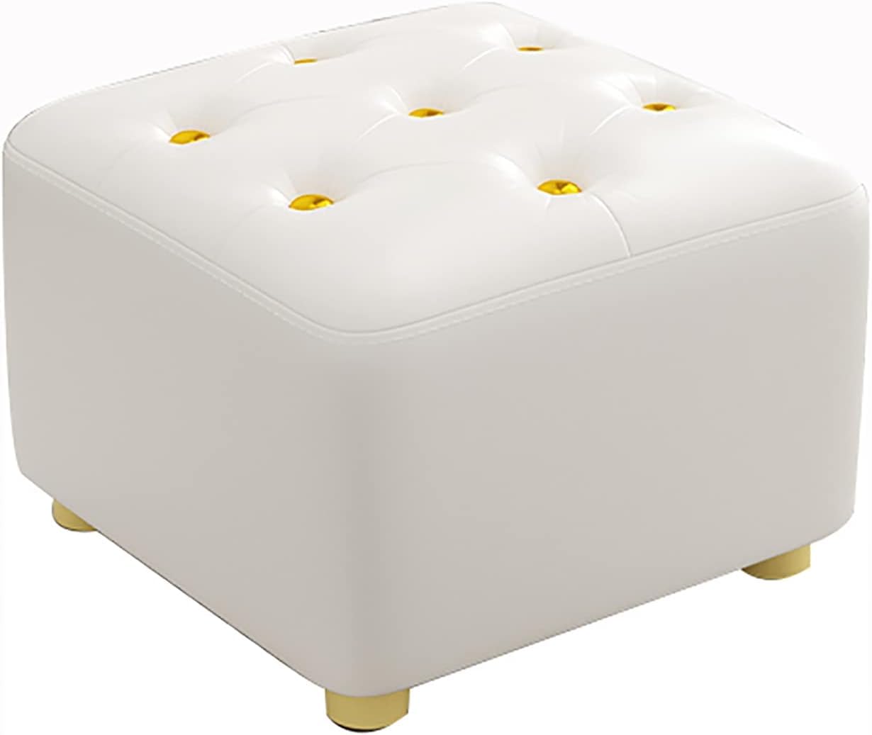 Repose-pieds bouton doré et petit tabouret assise cuir, pouf blanc salon