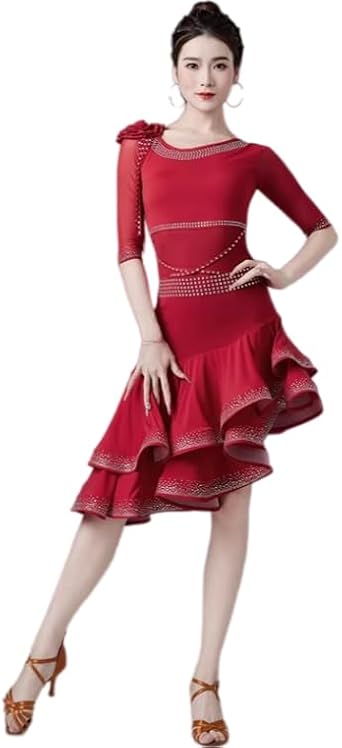 Womens Medium Sleeve Latin Dance Dress Sparkling Rhinestone Ballroom Costume Salsa Cha Cha Performance Wear