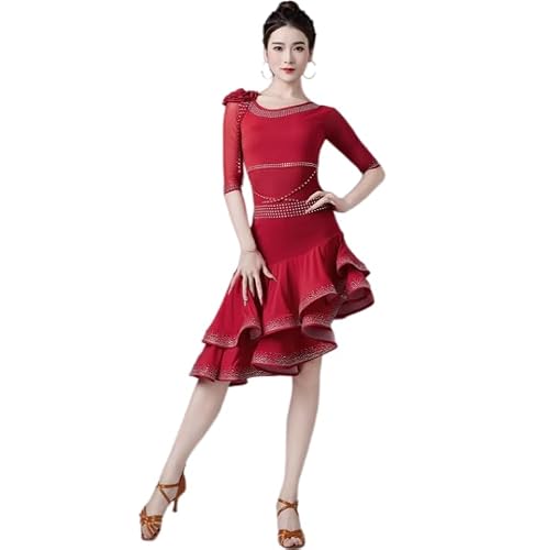 Yhhsgscr Women's Medium Sleeve Latin Dance Dress Sparkling Rhinestone Ballroom Costume Salsa Cha Cha Performance Wear,Red,M
