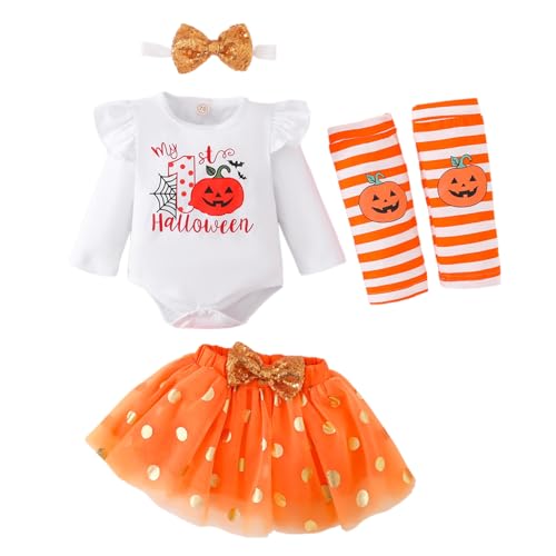 Costume Halloween Neonata, Il Mio Primo Vestito Halloween Neonata, Pagliaccetto Zucca Neonato+Gonna Tutu+Calze Lunghe+Fascia, Costume Halloweens Neonati 0-3 Mesi