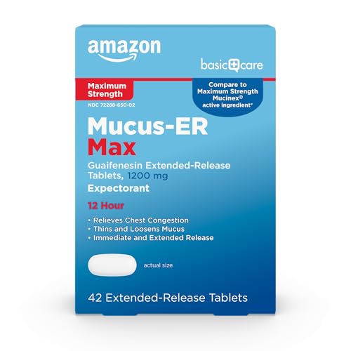 Amazon Basic Care Maximum Strength Chest Congestion and Mucus Relief, Guaifenesin Extended-Release Tablets, 1200 mg 42 Count 1 Pack